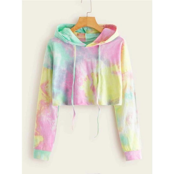 Women's Ladies Loose Pullover Printing Colorful V-Neck Long Sleeves Drawstring Crop Top Hoodie Casual Sports Blouse