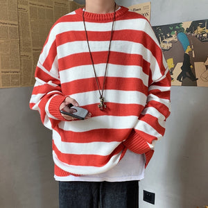 JDDTON Mens Stripe Sweater Casual Loog Sleeve Patchwork Sweater Loose Coat Streetwear Autumn Pullover Male Fashion Clothes JE380